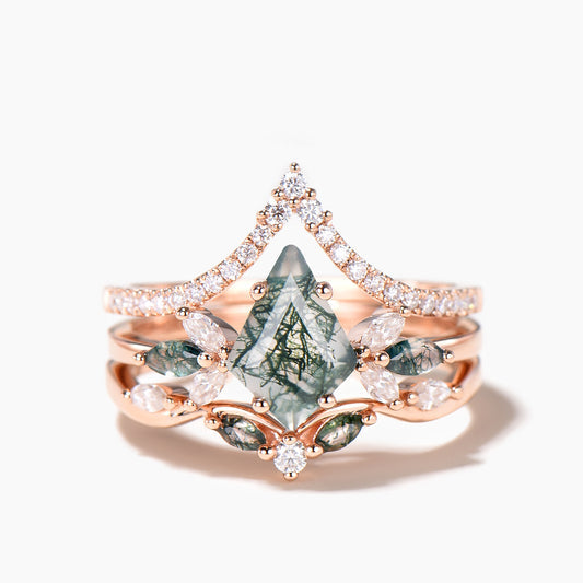 3PC Kite Cut Natural Moss Agate Engagement Ring Diamond Wedding Bridal Set