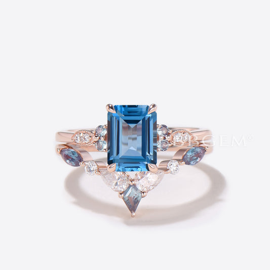 2ct Emerald Cut Natural London Blue Topaz Bridal Ring Mixed Cut Moissanite Alexandrite Ring Set