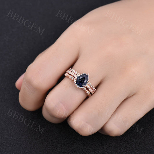 3pcs 6x8mm Pear Cut Blue Sandstone Engagement Ring Pink Gold 2pcs Diamond Matching Band Diamond Halo Wedding Ring Set