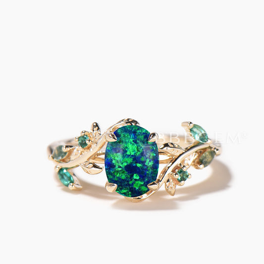 1.5CT Oval Cut Black Opal Engagement Ring Moss Agate Emerald Leaf Yellow Gold Ring