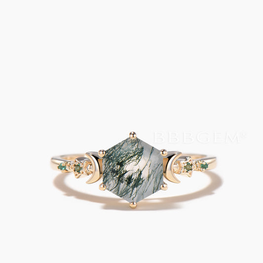 Hexagon Cut Natural Moss Agate Moon Engagement Ring Emerald Celestial Ring