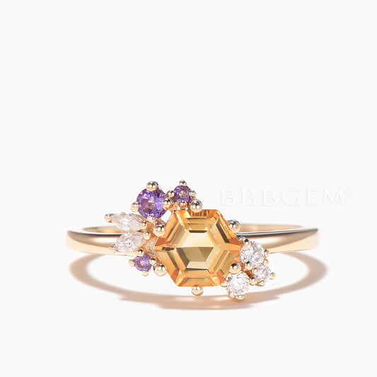 Hexagon Cut Natural Citrine Engagement Ring Amethyst Diamond Cluster Ring