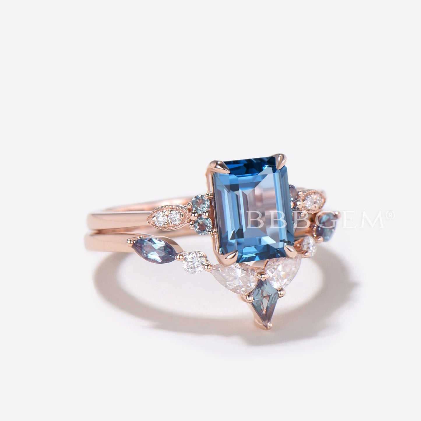 2ct Emerald Cut Natural London Blue Topaz Bridal Ring Mixed Cut Moissanite Alexandrite Ring Set