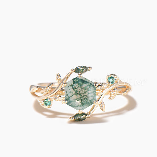 Hexagon Cut Natural Moss Agate Engagement Ring Green Agate Twisted Ring