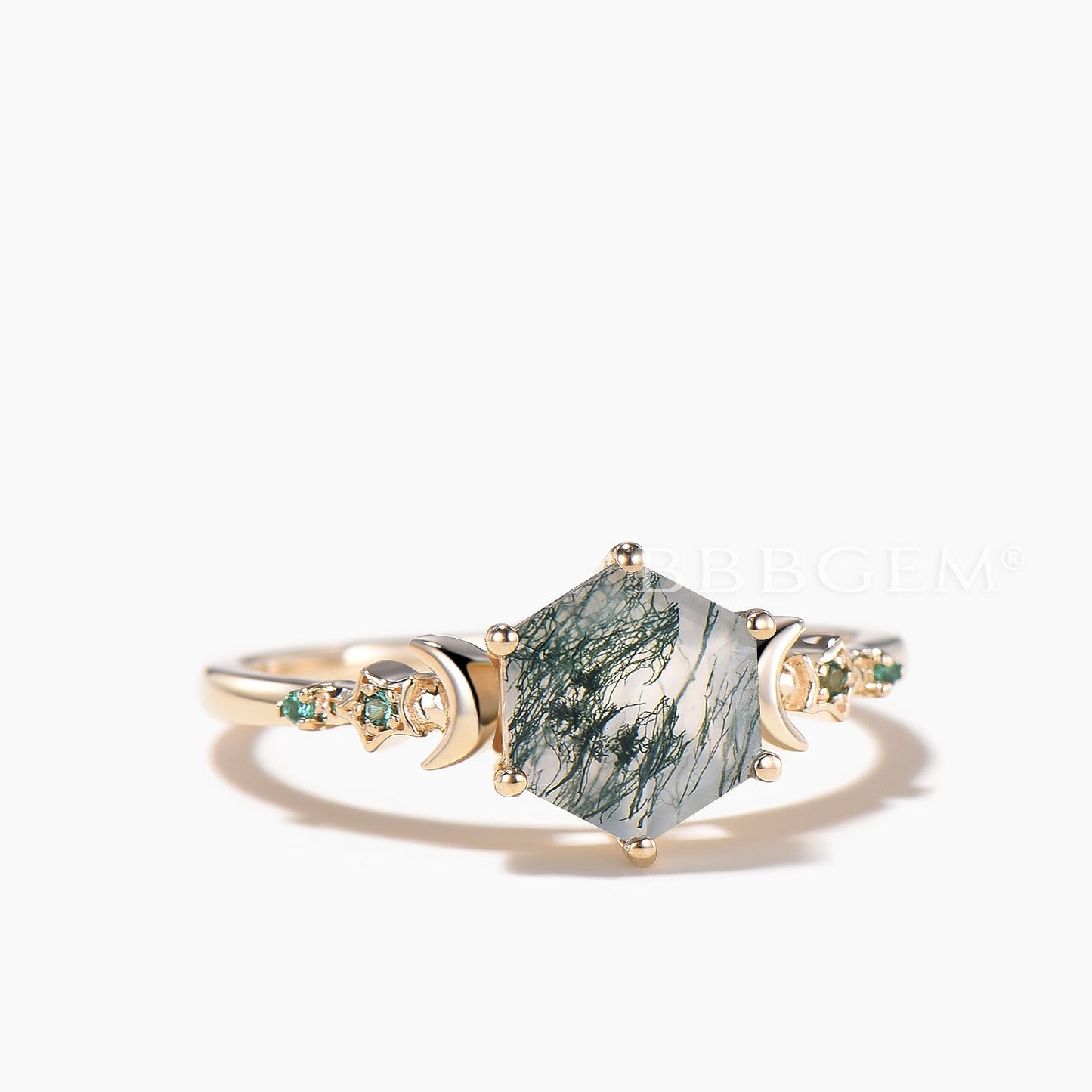Hexagon Cut Natural Moss Agate Moon Engagement Ring Emerald Celestial Ring