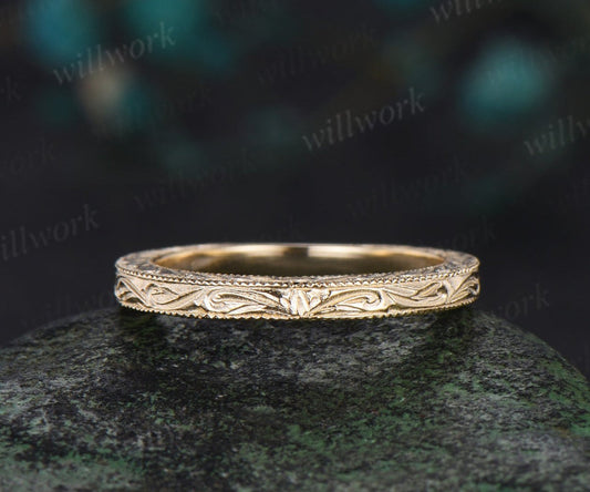 Filigree Milgrain Edge Wedding Band Solid 14k Yelllow Gold Plain Floral Design Retro Vintage Anniversary Ring Gift