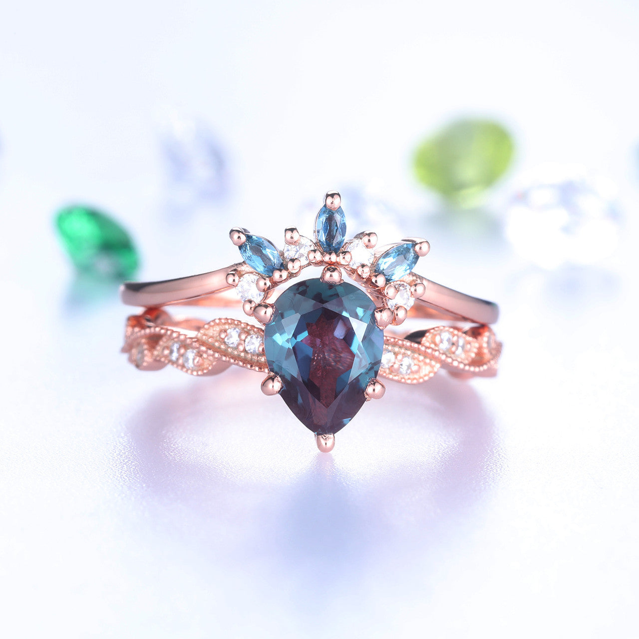 Floral Alexandrite Diamond Engagement Rings Rose Gold Wedding Set Color Chaning Stone