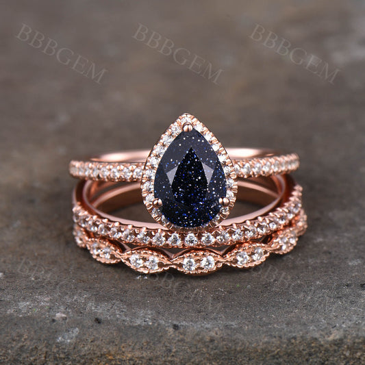 3pcs 6x8mm Pear Cut Blue Sandstone Engagement Ring Pink Gold 2pcs Diamond Matching Band Diamond Halo Wedding Ring Set