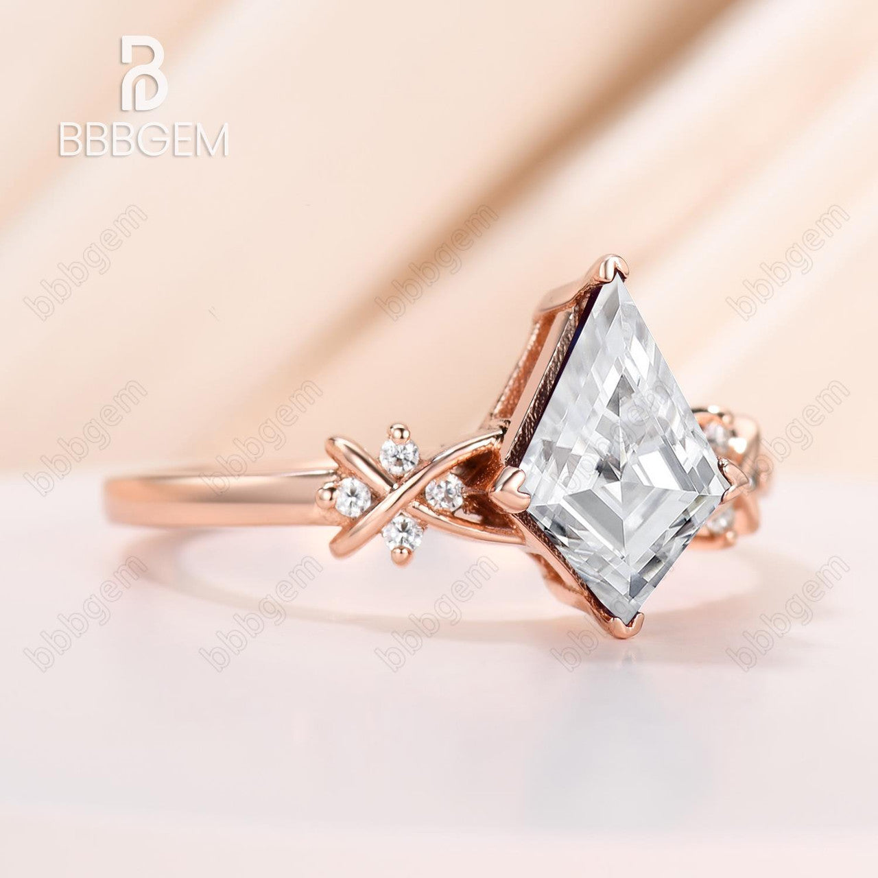 18K Rose Gold Kite Moissanite and Diamond Engagement Ring 4 Prong Vintage Inspired Women Promise Ring