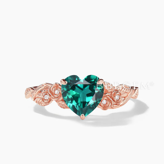 Heart Cut Emerald Diamond Flower Ring Leaf Nature Inspired Emerald Engagement Ring