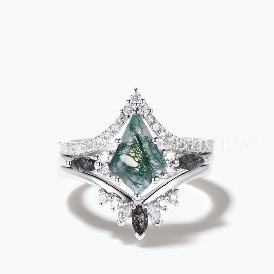 3PC Agate Bridal Set Kite Cut Natural Moss Agate Wedding Ring Diamond Curved Band