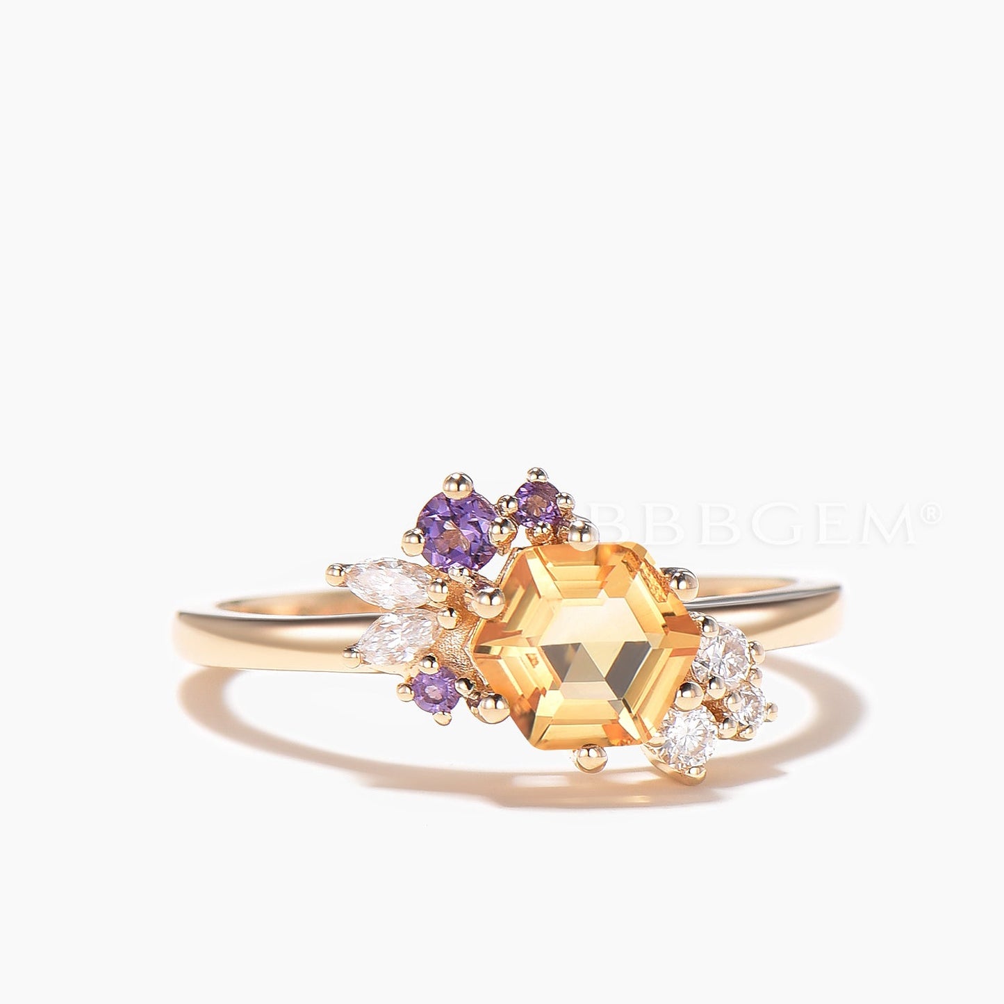 Hexagon Cut Natural Citrine Engagement Ring Amethyst Diamond Cluster Ring