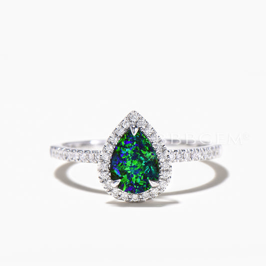 1.25CT Pear Cut Black Opal Half Eternity Engagament Ring Diamond Halo Ring