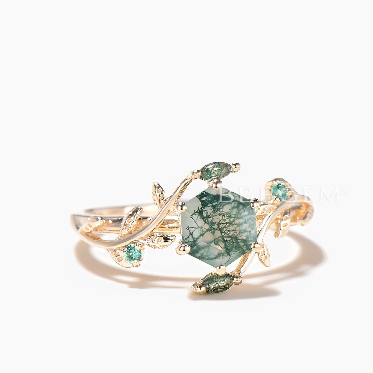 Hexagon Cut Natural Moss Agate Engagement Ring Green Agate Twisted Ring
