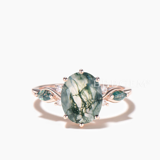 1.5CT Oval Cut Natural Moss Agate Engagement Ring Agate Diamond Cluster Ring