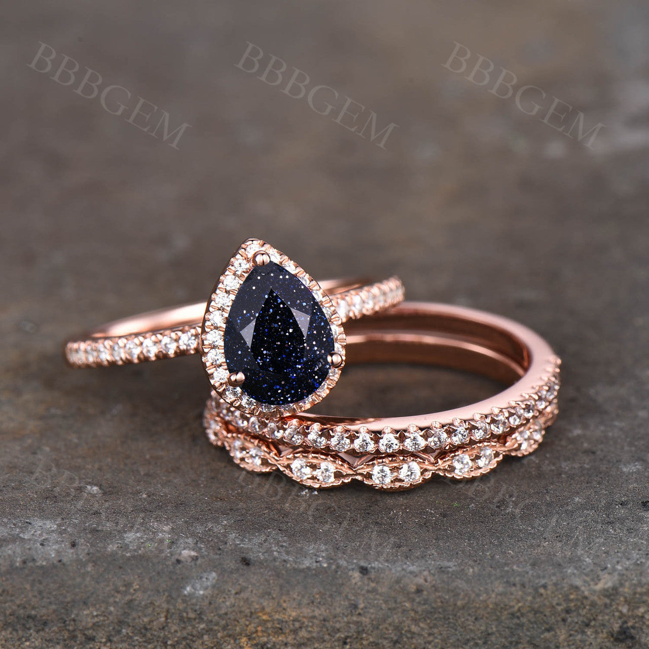 3pcs 6x8mm Pear Cut Blue Sandstone Engagement Ring Pink Gold 2pcs Diamond Matching Band Diamond Halo Wedding Ring Set