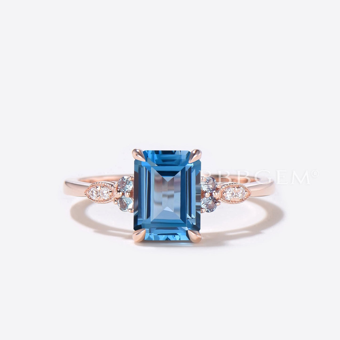 2ct Emerald Cut Natural London Blue Topaz Bridal Ring Mixed Cut Moissanite Alexandrite Ring Set