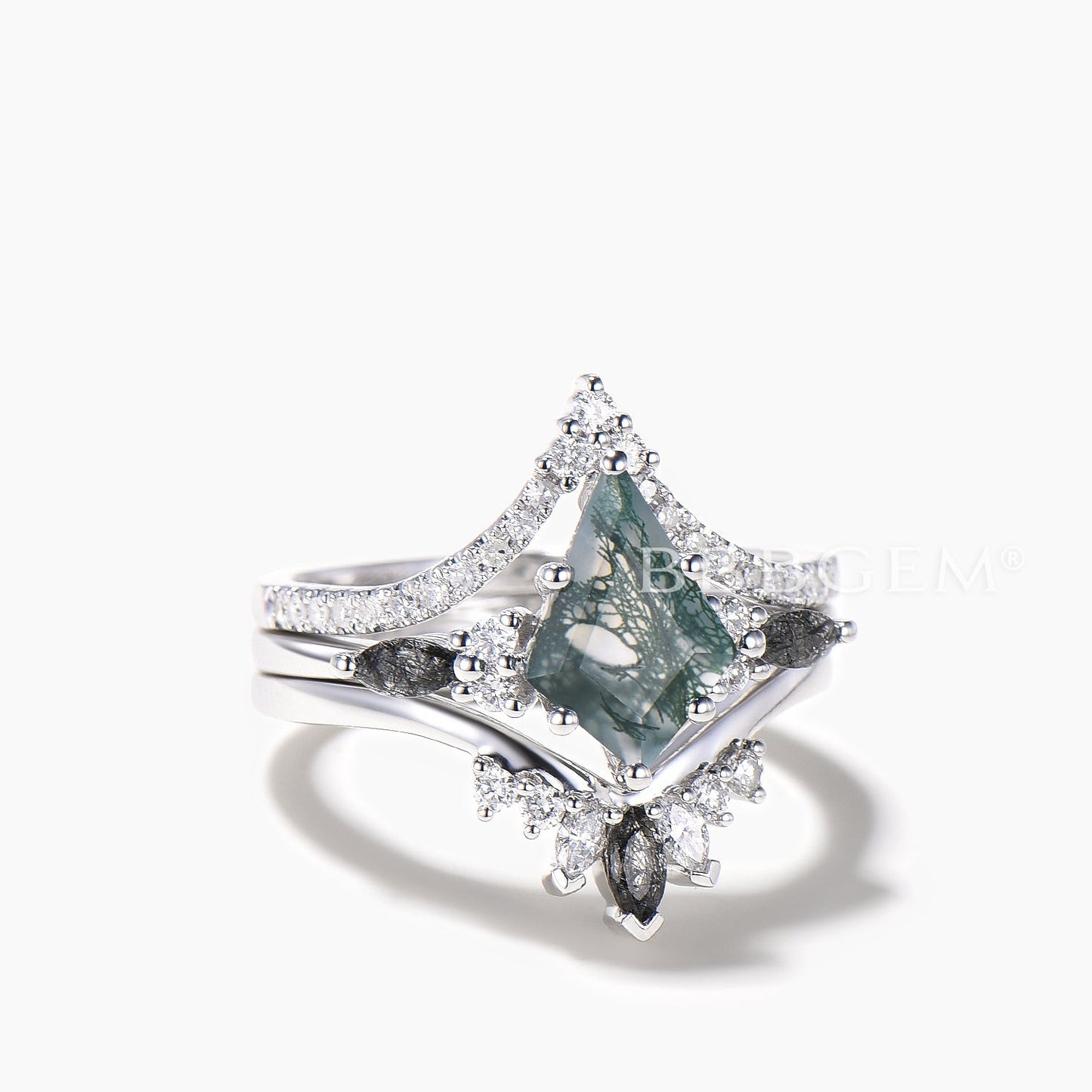 3PC Agate Bridal Set Kite Cut Natural Moss Agate Wedding Ring Diamond Curved Band