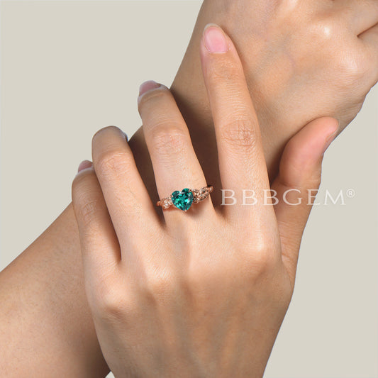 Heart Cut Emerald Diamond Flower Ring Leaf Nature Inspired Emerald Engagement Ring