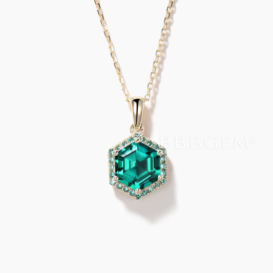 1CT Hexagon Cut Emerald Necklace Yellow Gold Emerald Halo Wedding Pendant