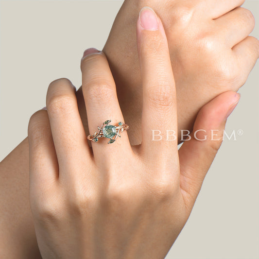 Hexagon Cut Natural Moss Agate Engagement Ring Green Agate Twisted Ring