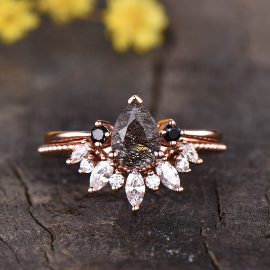 14K/18K Three Stone Black Rutilated Quartz Black Diamond Engagement Rings Set Moissanite Wedding Band