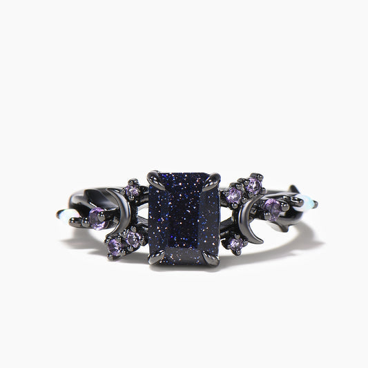 2ct Emerald Cut Blue Sandstone Moon Vine Ring Amethyst Opal Black Gold Wedding Ring
