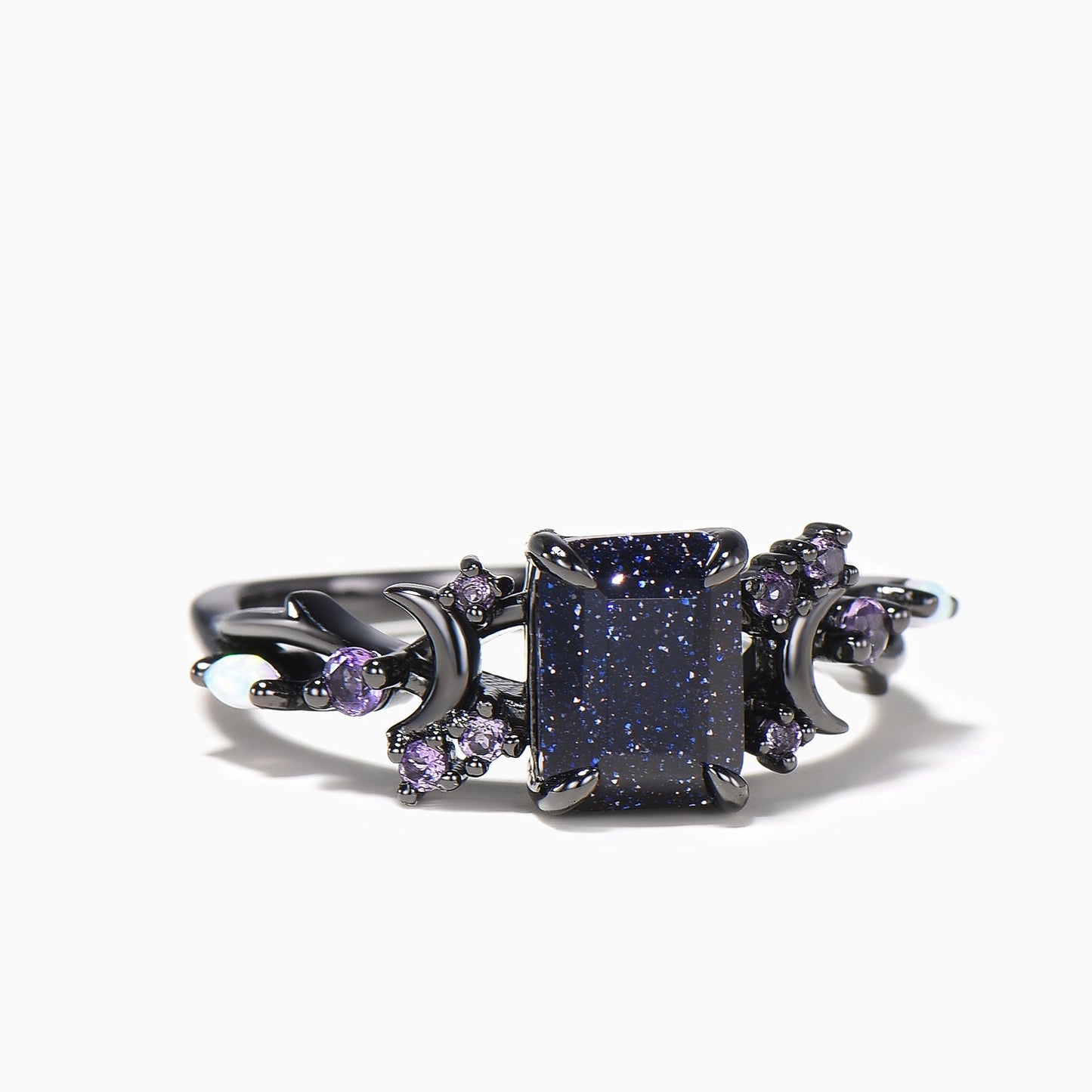 2ct Emerald Cut Blue Sandstone Moon Vine Ring Amethyst Opal Black Gold Wedding Ring