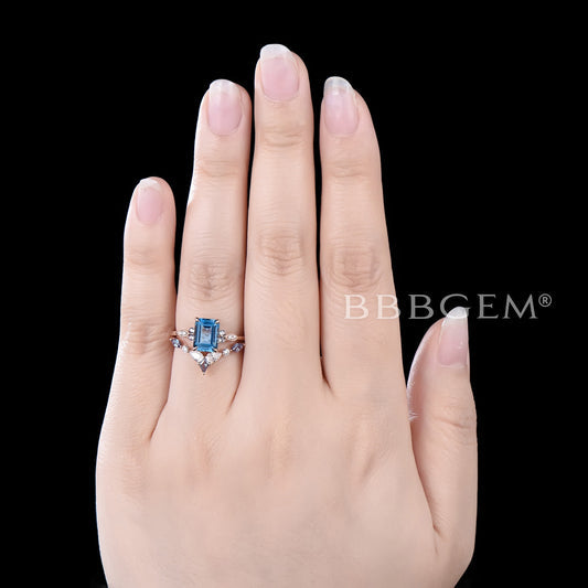 2ct Emerald Cut Natural London Blue Topaz Bridal Ring Mixed Cut Moissanite Alexandrite Ring Set
