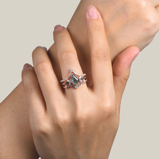 3PC Kite Cut Natural Moss Agate Engagement Ring Diamond Wedding Bridal Set