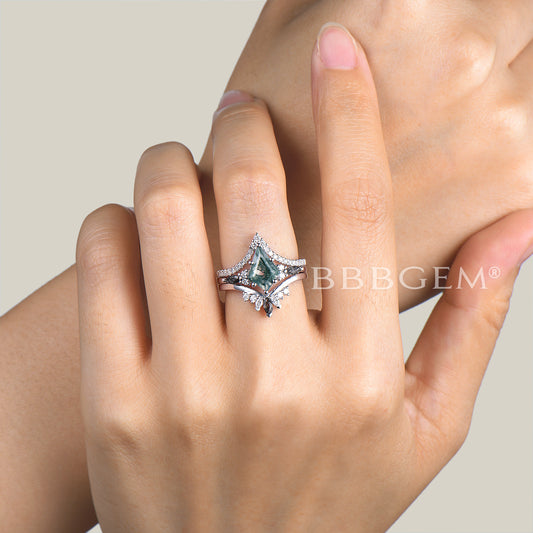 3PC Agate Bridal Set Kite Cut Natural Moss Agate Wedding Ring Diamond Curved Band