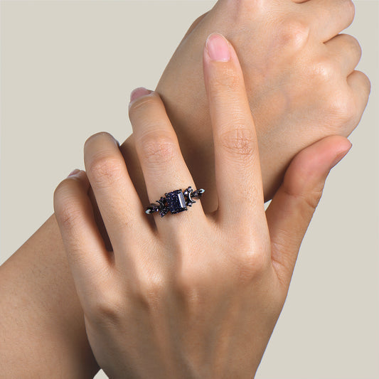 2ct Emerald Cut Blue Sandstone Moon Vine Ring Amethyst Opal Black Gold Wedding Ring
