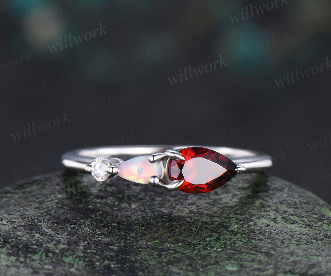 Each To West Pear Garnet Ring Dainty Three Stone Opal Engagement Ring Minimalist Garnet Ring For Women Jewelry Gifts