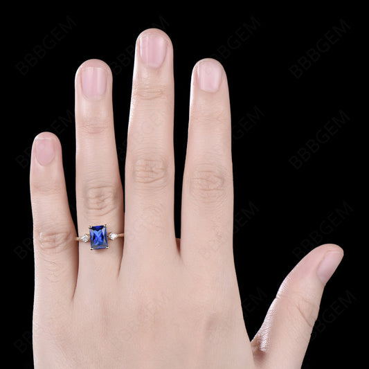 2CT Radiant Cut Blue Sapphire Engagement Ring Unique Three Stone Ring