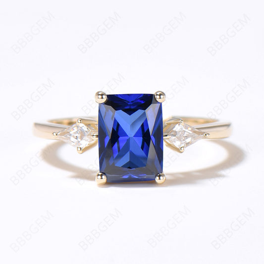 2CT Radiant Cut Blue Sapphire Engagement Ring Unique Three Stone Ring