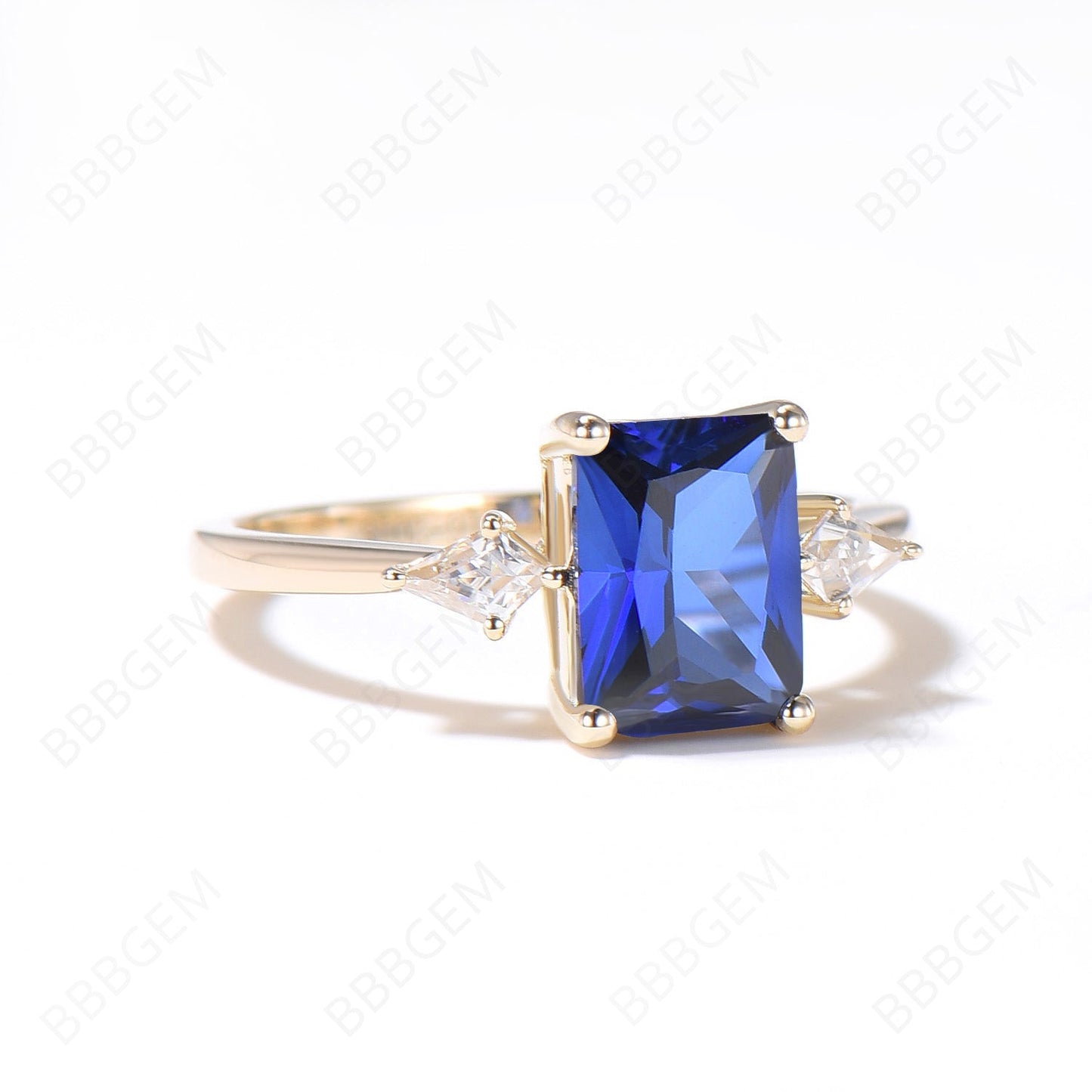 2CT Radiant Cut Blue Sapphire Engagement Ring Unique Three Stone Ring
