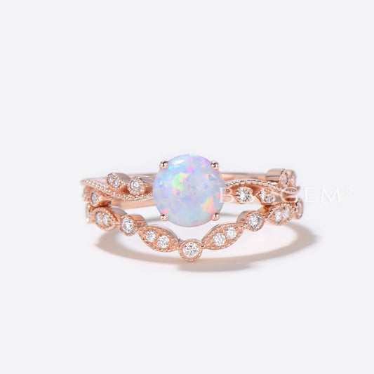Floral Opal Solitaire Diamond Engagement Ring Bridal Set Rose Gold Antique