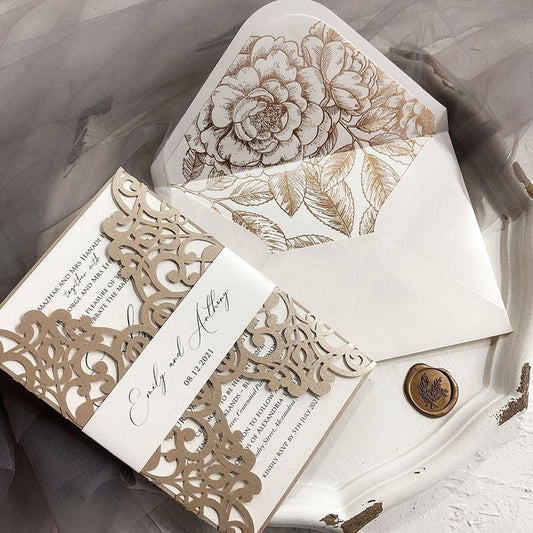 5 x 7 inch Laser Cut Wedding Invitations Champagne Lace Invitation Cards Calligraphy Invites