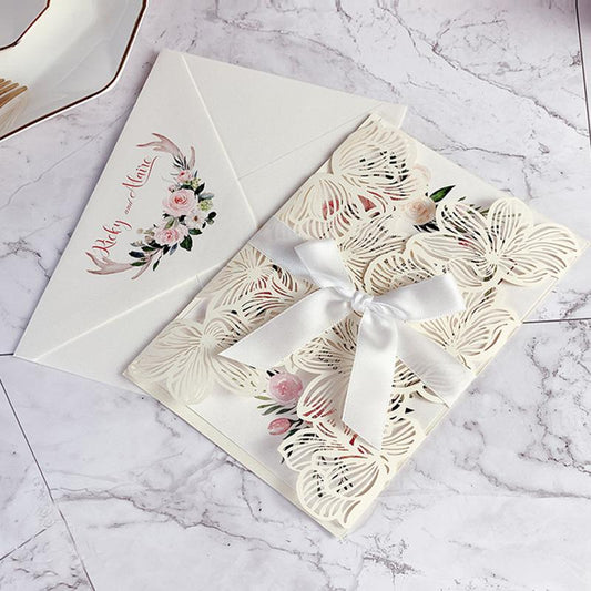 5 x 7 Inch Laser Cut Wedding Invites Floral Wedding Cards with Printed Envelope