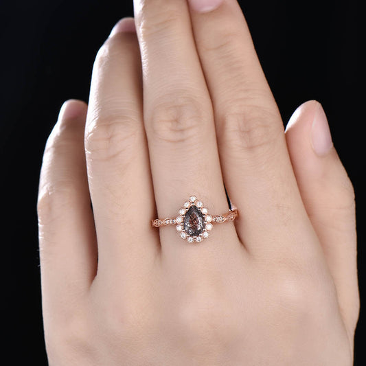 14K/18K Classic Black Rutilated Quartz Diamond Halo Engagement Rings