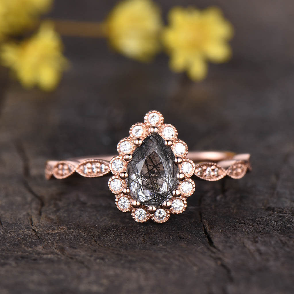 14K/18K Classic Black Rutilated Quartz Diamond Halo Engagement Rings