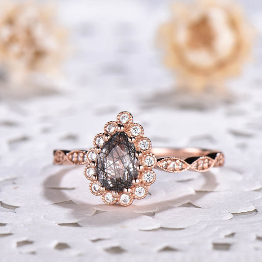 14K/18K Classic Black Rutilated Quartz Diamond Halo Engagement Rings