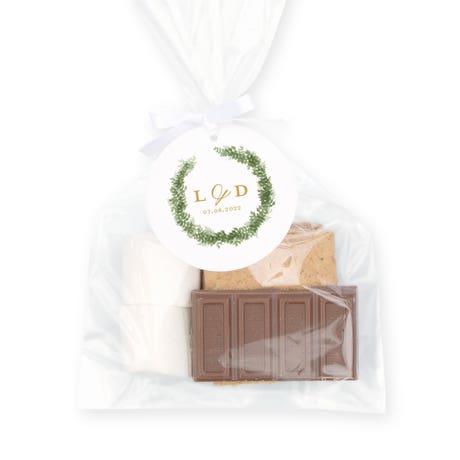 Clear Cellophane Favor Bags with Personalized Tags Pack of 50 - Love Wreath Initial