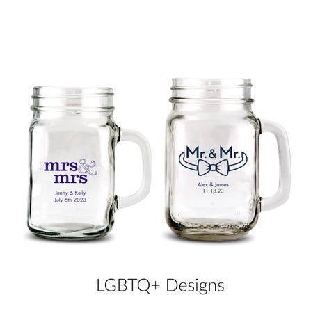 Personalized 12 or 16 oz. Mason Jar Drinking Glass Wedding Favor - LGBTQ+ | More Designs