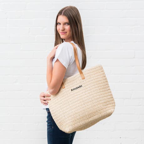 Personalized Extra-Large Woven Straw Tote Bag - Natural - Unique Gift For Her