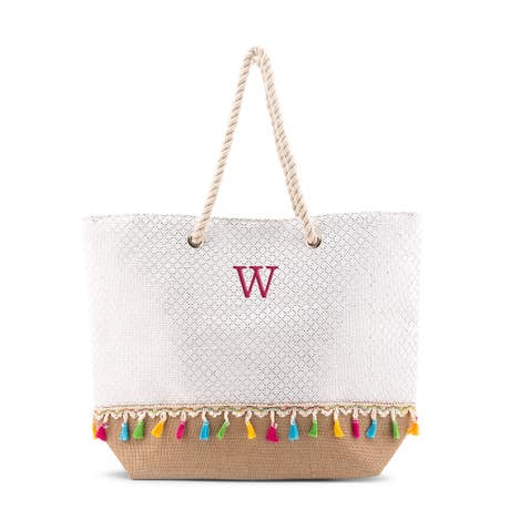 Personalized Extra-Large Woven Straw Tote Bag - Color Fringe - Unique Gift For Her