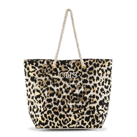 Personalized Extra-Large Cotton Canvas Fabric Beach Tote Bag - Leopard Print - Unique Gift For Her