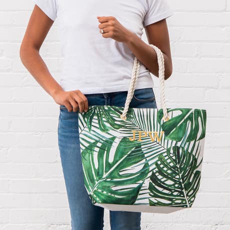 Personalized Extra-Large Cotton Canvas Fabric Beach Tote Bag - Green Palm Leaf - Unique Gift For Her