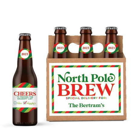 Personalized Cardboard Six-Pack Beer Bottle Caddy - North Pole Brew