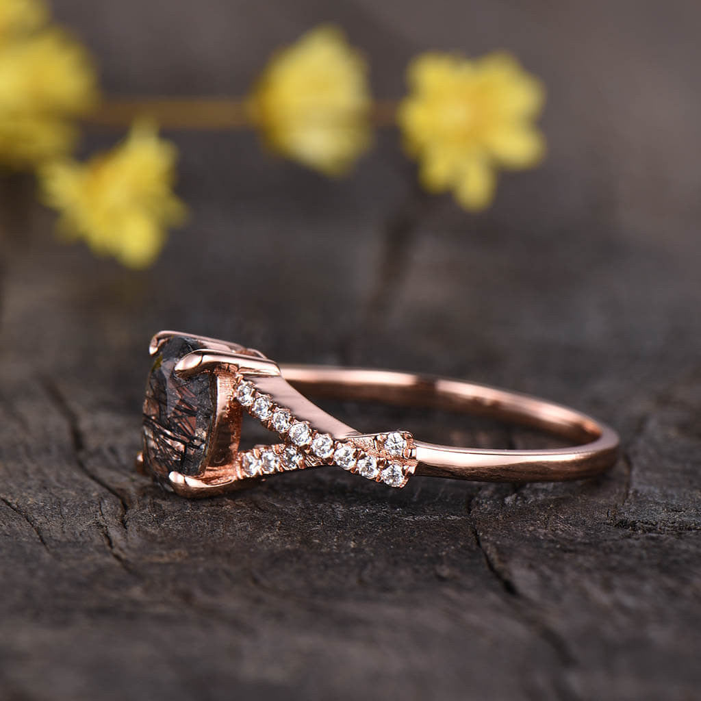 14K/18K Infinity Oval Black Rutilated Quartz Diamond Engagement Rings Vintage